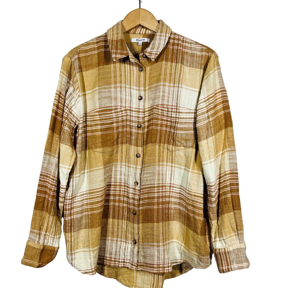 Madewell Plaid Flannel Shirt Long Sleeve Casual Winter Tan Red - M
